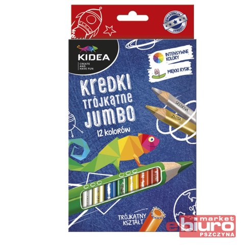 KREDKI TRÓJKĄTNE GRUBE 12 KOLORÓW KIDEA