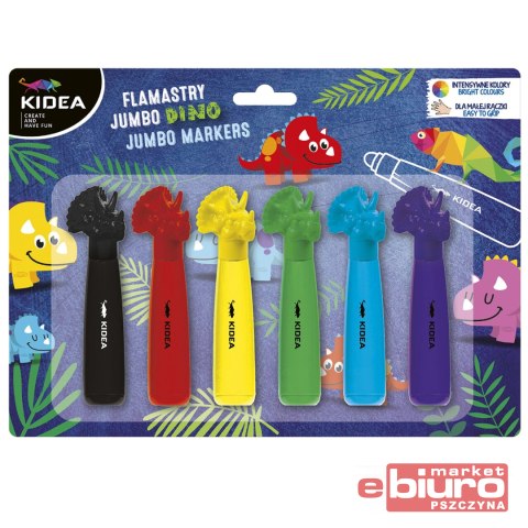 FLAMASTRY JUMBO Z FIGURKĄ DINOZAURY 6 KOL KIDEA
