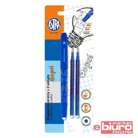 DŁUGOPIS ŚCIERALNY OOPS! 1+2 WKŁADY NIEBIESKI ASTRA