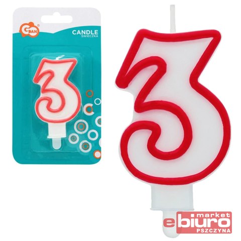 ŚWIECZKA CYFERKA "3" CZERWONY KONTUR 7CM GODAN