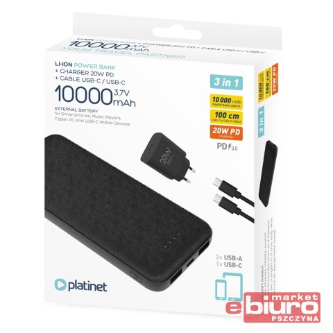 POWER BANK 3W1 10000mAh + 20W ŁADOWARKA KABEL USB-C BLACK