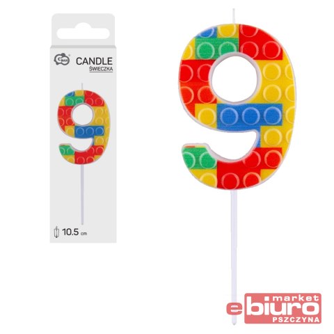 ŚWIECZKA PIKER KLOCKI CYFRA 9 WIELOKOL. 10,5X3,5CM