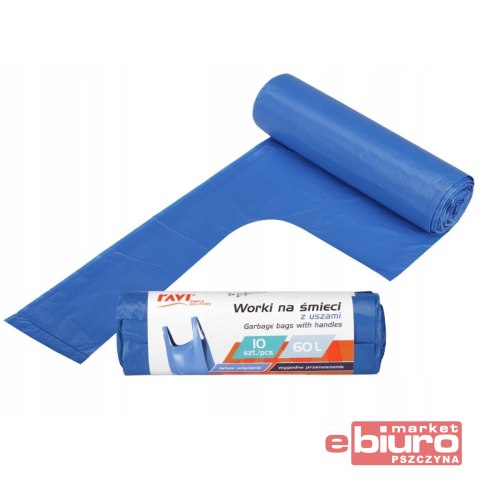 WORKI NA ŚMIECI Z USZAMI 60L 10 SZTUK NIEBIESKIE RAVI