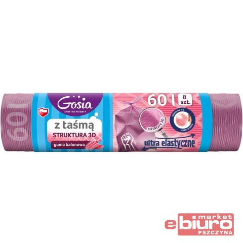 WORKI NA ŚMIECI ZAPACHOWE Z TAŚMĄ MOLETOWANE 60L A'8 GUMA BALONOWA RÓŻOWE GOSIA