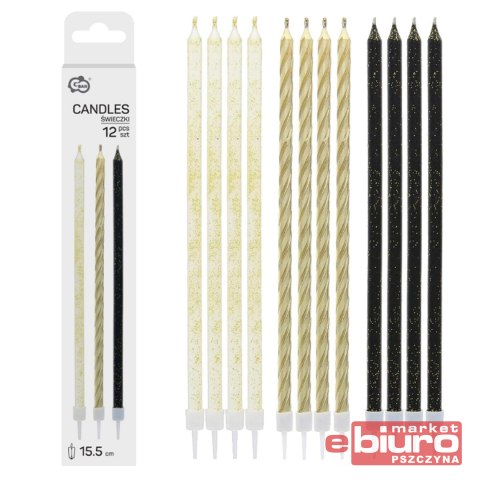 ŚWIECZKI METALICZNO BROKAT CZARNE/BIAŁE/ZŁOTE 12SZ