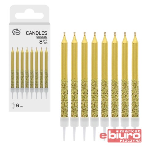 ŚWIECZKI METALICZNO-BROKATOWE ZŁOTE 6X0,5CM 8SZT