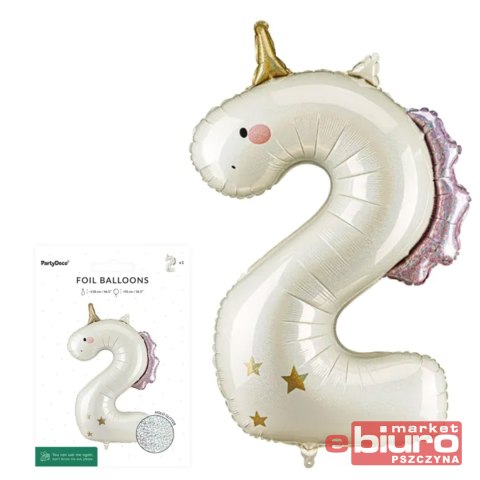 BALON FOLIOWY CYFRA 2 JEDNOROŻEC 93CM MIX PARTYDEC