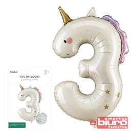 BALON FOLIOWY CYFRA 3 JEDNOROŻEC 93CM MIX PARTYDEC