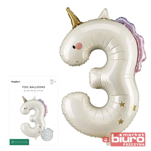BALON FOLIOWY CYFRA 3 JEDNOROŻEC 93CM MIX PARTYDEC