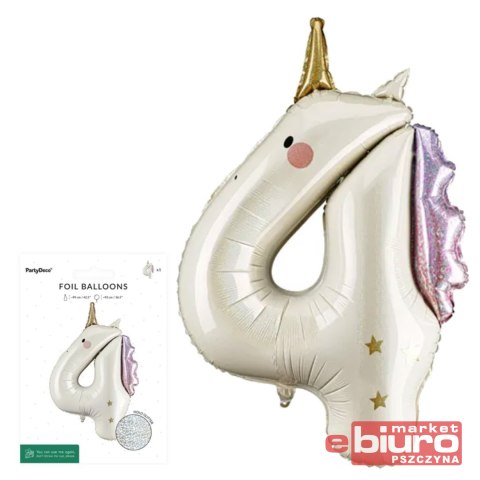 BALON FOLIOWY CYFRA 4 JEDNOROŻEC 93CM MIX PARTYDEC