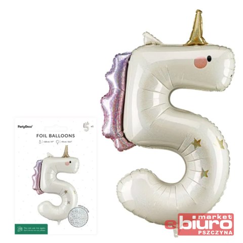 BALON FOLIOWY CYFRA 5 JEDNOROŻEC 93CM MIX PARTYDEC