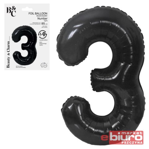 BALON FOLIOWY B&C CYFRA 3 MATOWA CZARNA 85CM GODAN