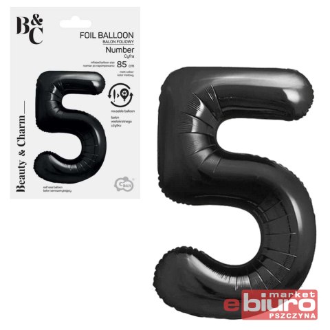 BALON FOLIOWY B&C CYFRA 5 MATOWA CZARNA 85CM GODAN
