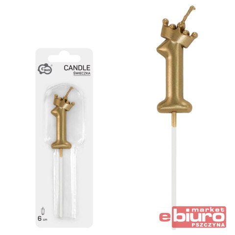 ŚWIECZKA CYFERKA 1 Z KORONĄ SZAMPAŃSKIE ZŁOTO 6CM