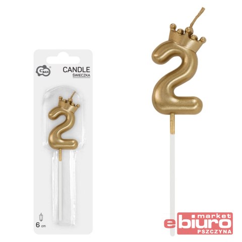 ŚWIECZKA CYFERKA 2 Z KORONĄ SZAMPAŃSKIE ZŁOTO 6CM