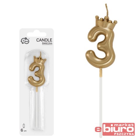 ŚWIECZKA CYFERKA 3 Z KORONĄ SZAMPAŃSKIE ZŁOTO 6CM