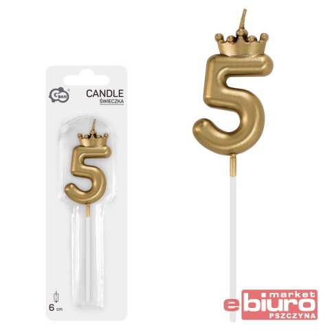 ŚWIECZKA CYFERKA 5 Z KORONĄ SZAMPAŃSKIE ZŁOTO 6CM