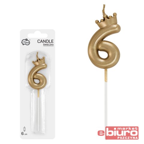 ŚWIECZKA CYFERKA 6 Z KORONĄ SZAMPAŃSKIE ZŁOTO 6CM