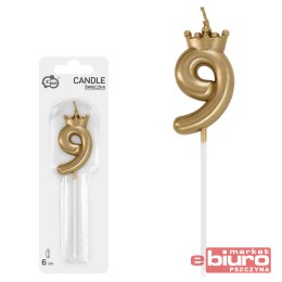 ŚWIECZKA CYFERKA 9 Z KORONĄ SZAMPAŃSKIE ZŁOTO 6CM