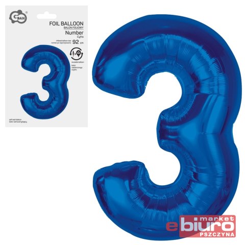 BALON FOLIOWY CYFRA 3 NIEBIESKA 92CM GODAN