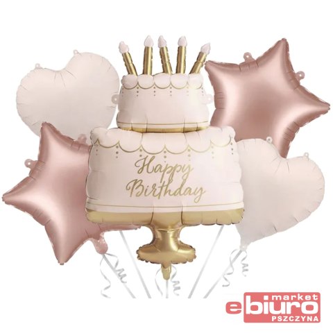 BALONY FOLIOWE PASTELOWY TORT HAPPY BIRTHDAY 5szt.
