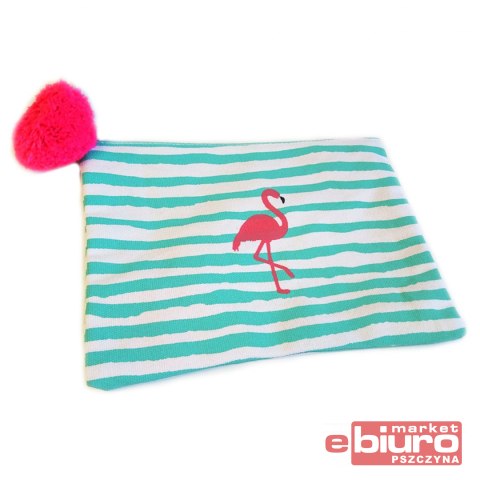 KOSMETYCZKA 15X20 NIEBIESKIE PASKI FLAMING POMPON