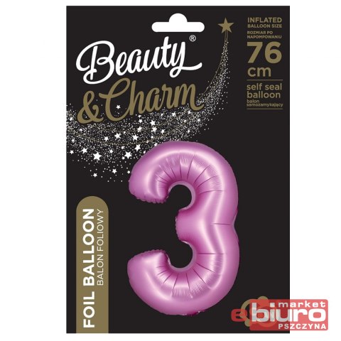 BALON FOLIOWY B&C "CYFRA 3" SATYNOWA RÓŻOWA 76CM