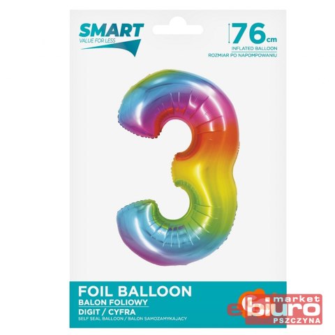 BALON FOLIOWY SMART "CYFRA 3" TĘCZOWA 76CM