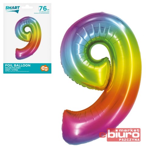 BALON FOLIOWY SMART "CYFRA 9" TĘCZOWA 76CM