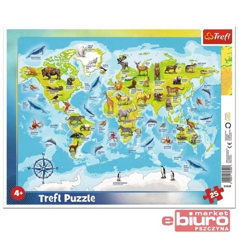 PUZZLE 25 RAMKOWE MAPA ŚWIATA ZE ZWIERZ 31340 TREF