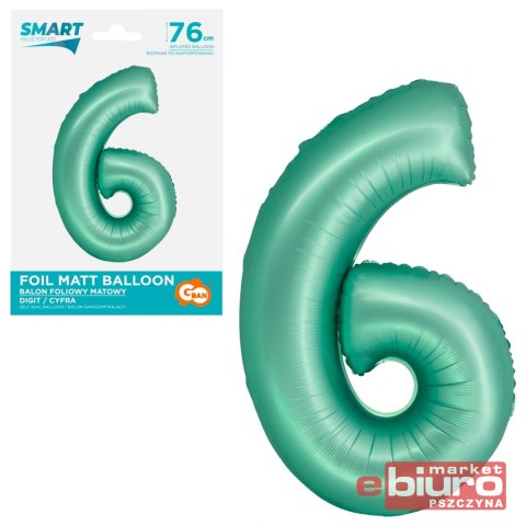 BALON FOLIOWY SMART CYFRA 6 MIĘTOWA MATOWA 76CM